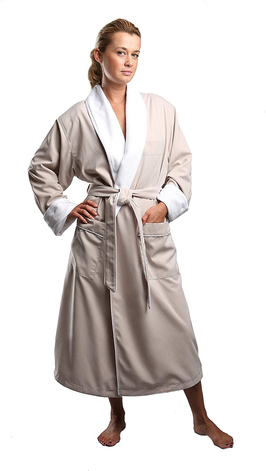 Price:$90.00 MONARCH Terry Lined Microfiber Hotel Robe - Luxury Spa Bathrobe in Stone/2X Cypress at Amazon Women’s Clothing store
