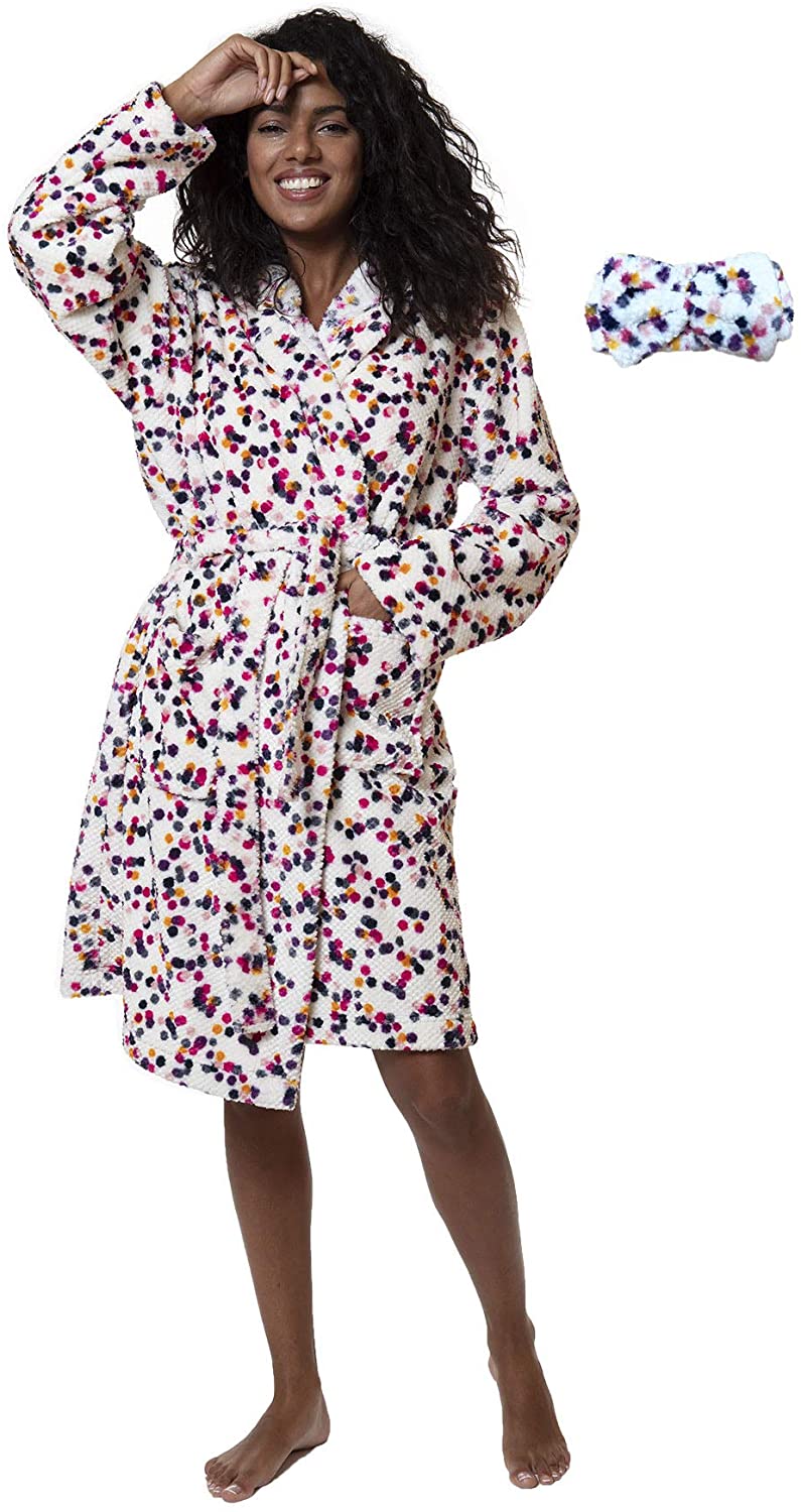 Price:$29.99 KINA FANG Women's Plush Fleece Robe with Hood, Luxurious Warm Spa Bathrobe Matching Headband at Amazon Women’s Clothing store