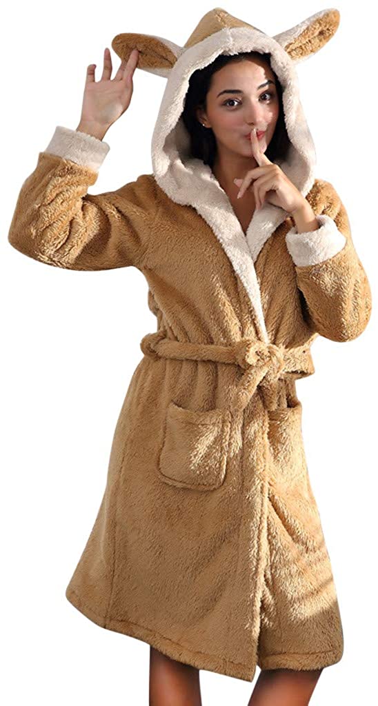 Price:$28.29 iOPQO Women's Kimono Robe Plush Sherpa Soft Warm Bath Robes with Bunny Ears and Pockets at Amazon Women’s Clothing store