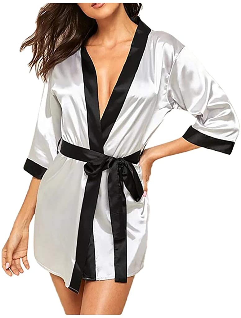 Price:$0.01 BALABA Women Plus Size Sexy Long Sleeve Satin Silk Pajamas Cardigan Sleepwear Robe with Belt Bathrobe Kimono Nightwear at Amazon Women’s Clothing store
