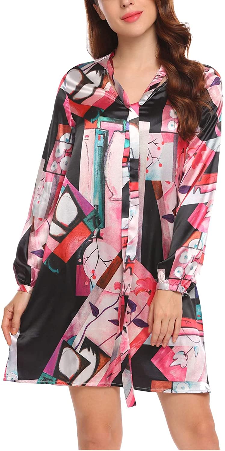 Price:$19.99 SE MIU Women's Sleepwear Long Sleeve Print Lace up V Neck Satin Loose Mini Shift Dress at Amazon Women’s Clothing store