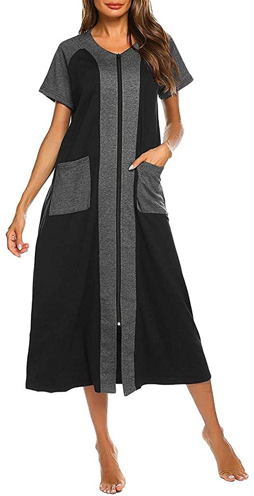 Price:$13.89    Wenini Housecoat Women's Short Sleeve Zipper Robe Long Nightgown Lougewear with Pockets  Clothing