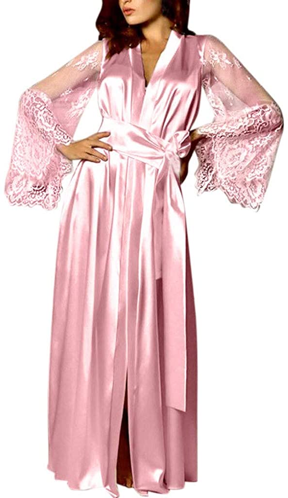 Price:$0.36 iLOOSKR Kimono Robes for Women Pure Color Satin Bathrobe Long Nightdress Lace Nightgown Sleepwear at Amazon Women’s Clothing store