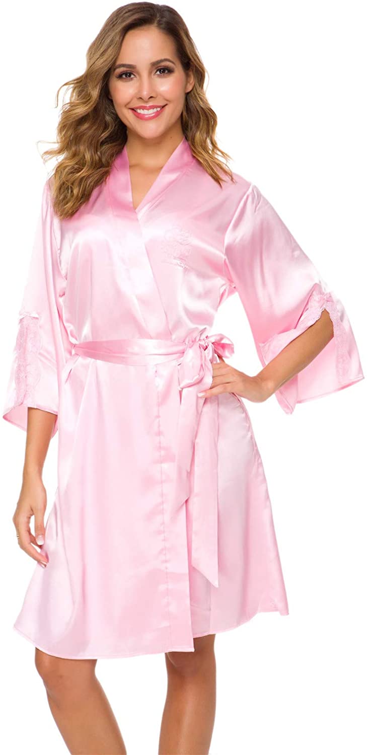 Price:$18.99 Alcea Rosea Women's Lace Trim Kimono Short Satin Robe Bridesmaids Sleepwear with 3/4 Sleeve Bathrobes Pure Color V-Neck Silky Party Robe (Pink, M) … at Amazon Women’s Clothing store