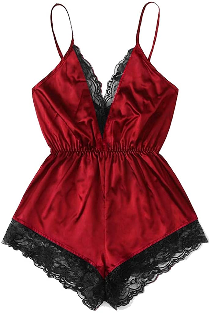 Price:$3.99 XILALU Fashion Women Sexy Lace Lingerie Girl V-Neck Lace Splice Bodysuit Sleepwear Bodydoll Red at Amazon Women’s Clothing store