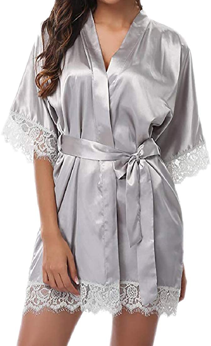 Price:$0.99 BkolouuoeWomen's Lace Trim Nightgown Lingerie Robe Bathrobes Satin Sleepwear Short Robes Nightwear with Belt at Amazon Women’s Clothing store