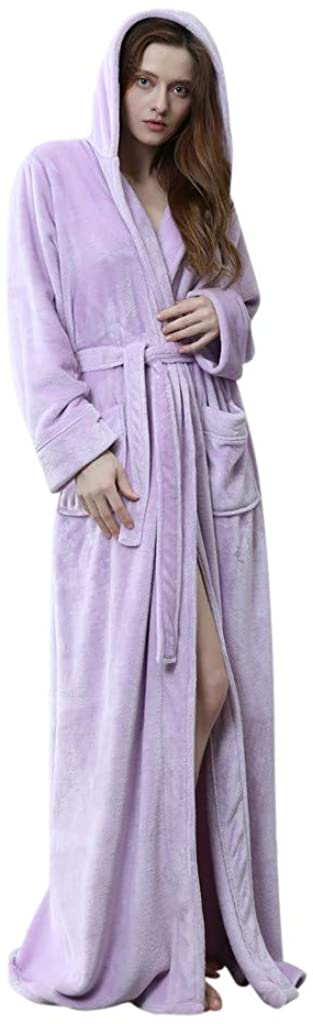 Price:$36.99 BIKETAFUWY Hooded Bathrobe for Women, Robe Coat Winter Lengthened Pajamas Fleece Plush Sleepwear Soft Waistband Gown at Amazon Women’s Clothing store