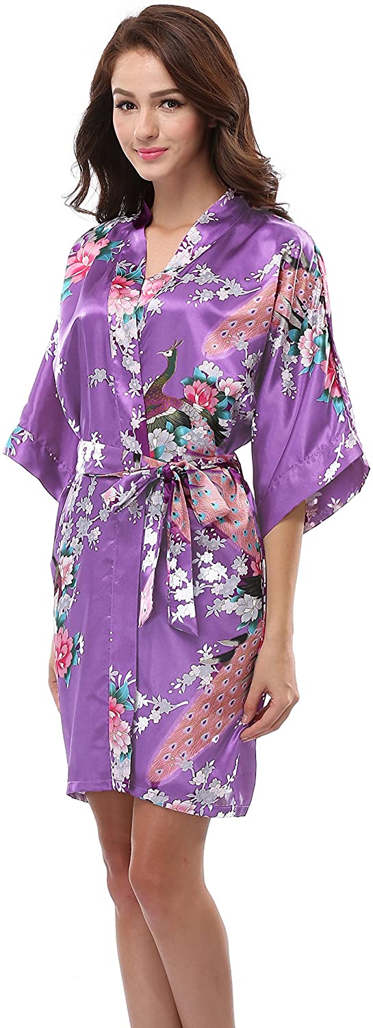 Price:$14.99 Luvrobes Women's Satin Kimono Robe, Peacock Design, Short (XL, Violet) at Amazon Women’s Clothing store