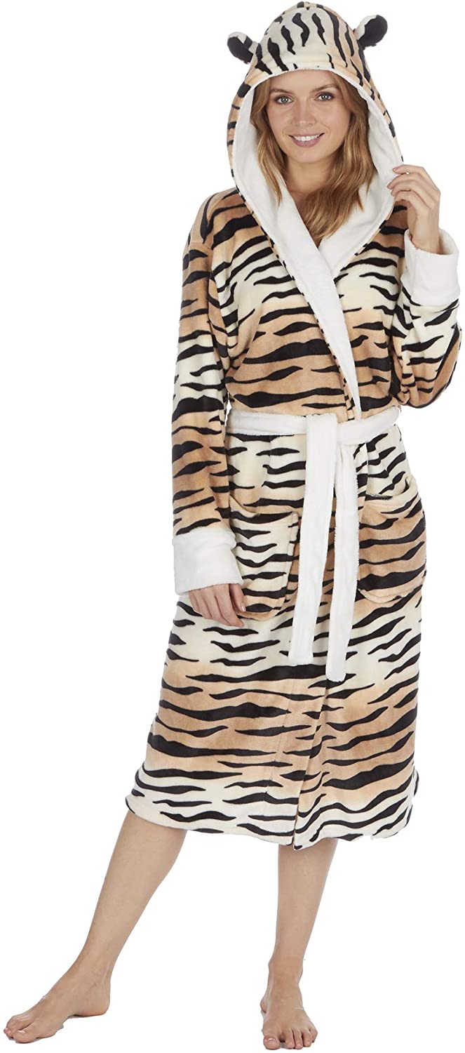 Price:$26.00 Ladies Two Tone Animal Print Soft Fleece Hooded Dressing Gown at Amazon Women’s Clothing store