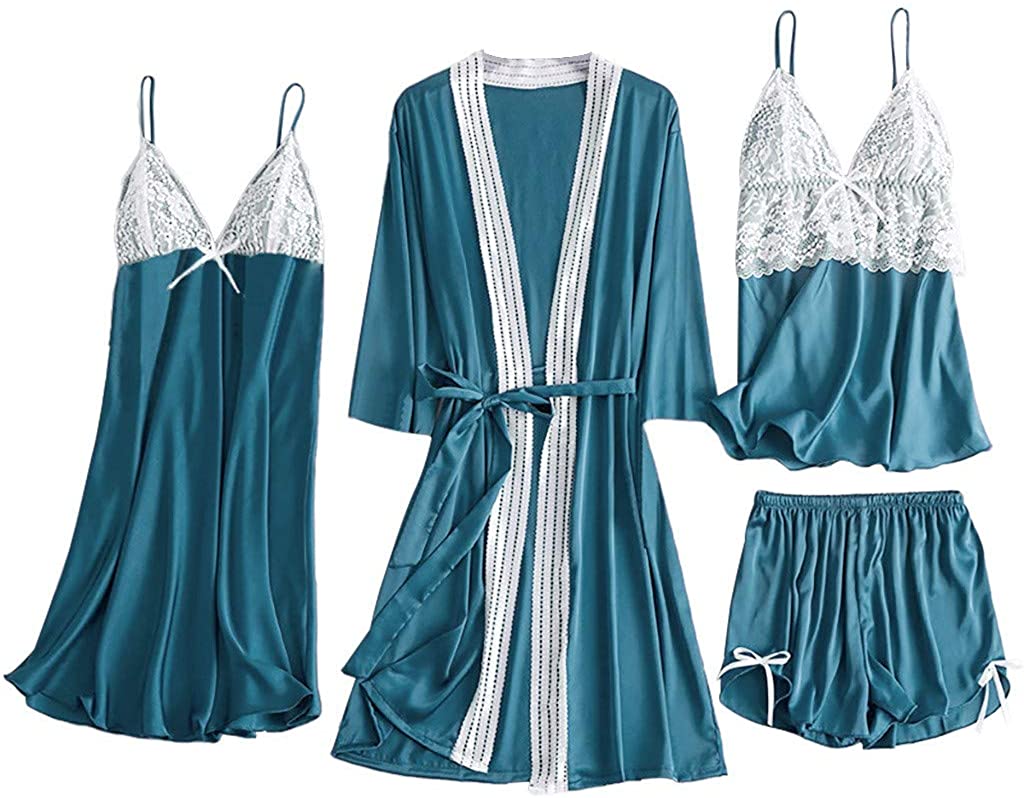 Price:$18.99 Goldweather Women Silky Robe Set Sexy Lace Kimono Bathrobe Camisole Shorts Nightdress Sleepwear at Amazon Women’s Clothing store