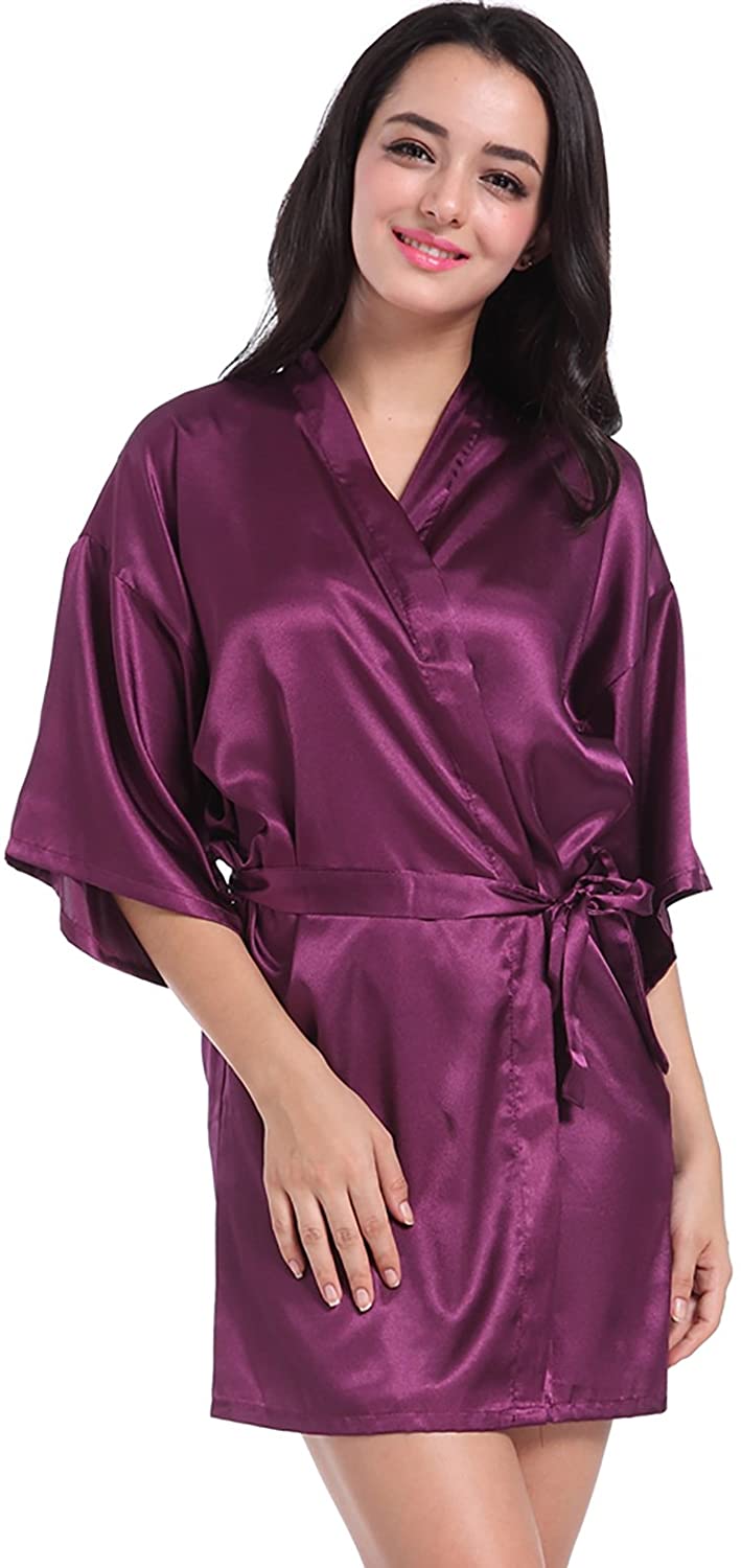 Price:$10.99 Admireme Women's Kimono Robes Satin Nightdress Pure Colour Short Style with Oblique V-Neck Dark Purple at Amazon Women’s Clothing store