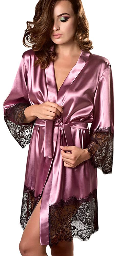 Price:$0.24 iLXHD Women Sexy Satin Kimono Dressing Gown Babydoll Lace Lingerie 3/4 Sleeve Bath Robe Nightwear at Amazon Women’s Clothing store