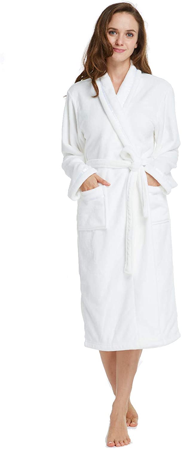Price:$21.99 Women Plush Fleece Robe with Satin Trim, Luxurious Super Soft Plush Bathrobe for Women at Amazon Women’s Clothing store