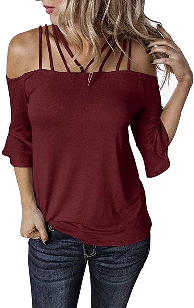 Price:$6.51    GOWOM Women Summer Off Shoulder Short Sleeve Loose Solid Plus Size Casual T-Shirt  Clothing