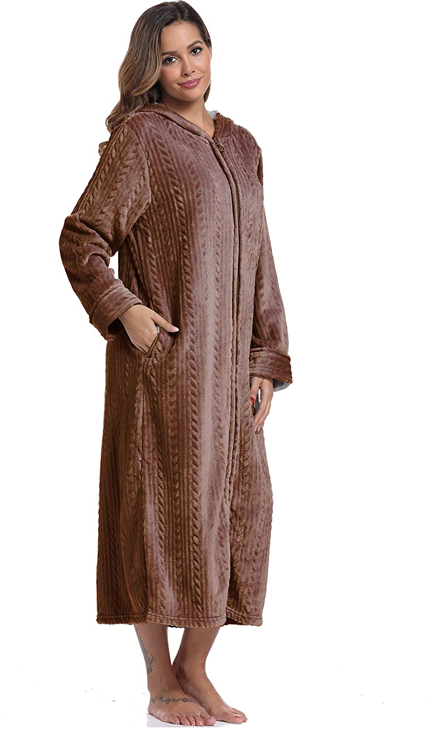 Price:$29.99 Foucome Robes for Women with Hood Long Soft Warm Full Length Sleepwear Zipper Front Plush Fleece Winter Ladies Robes at Amazon Women’s Clothing store