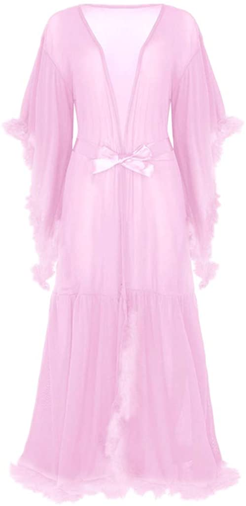 Price:$18.99 iEFiEL Women's Sexy Boudoir Robe Feather Bridal Nightgown Bathrobe Sleepwear Robe Tulle Illusion Long Lingerie Wedding Scarf Lavender Pink One Size at Amazon Women’s Clothing store