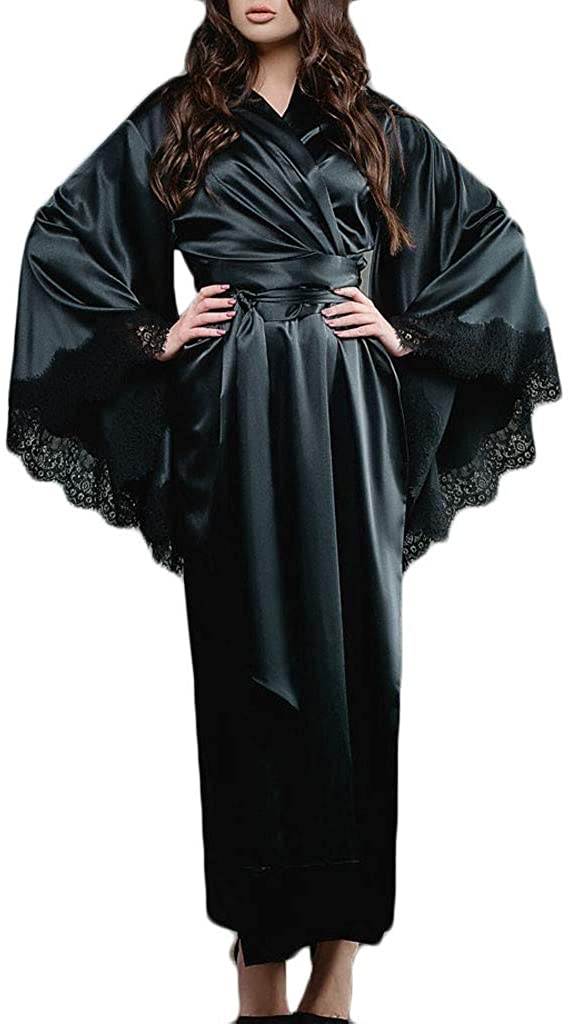 Price:$1.99 Women Kimono Robes Long Sleeve Sexy Lace Bathrobe V-Neck Satin Soft Loungewear Full Length Sleepwear at Amazon Women’s Clothing store