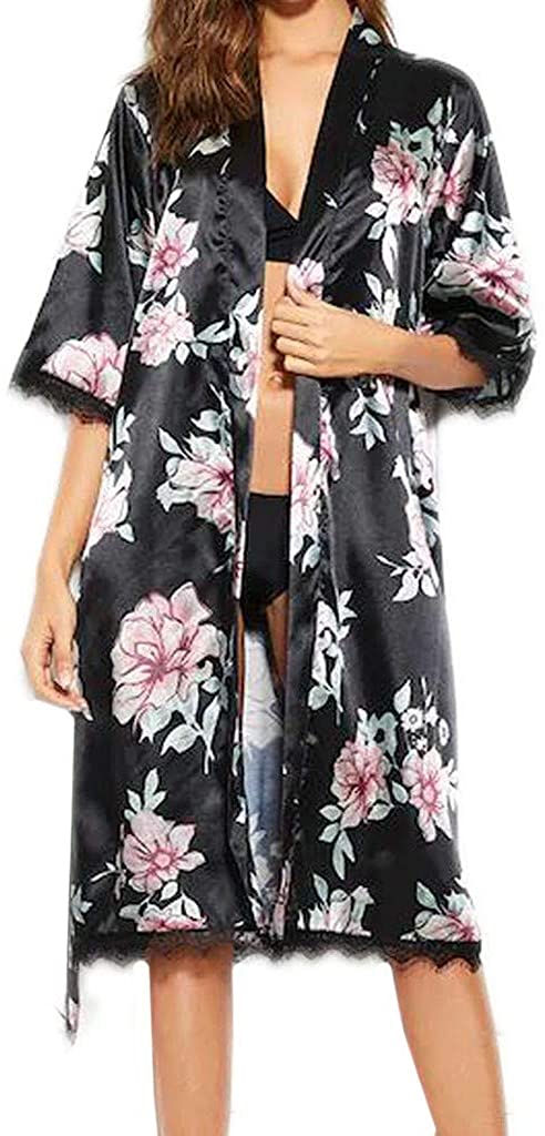 Price:$0.75 Womens Sleepwear Faux Silk Floral Printed Kimono Robe Long Bathrobe Nightwear Nightgown with Belt at Amazon Women’s Clothing store