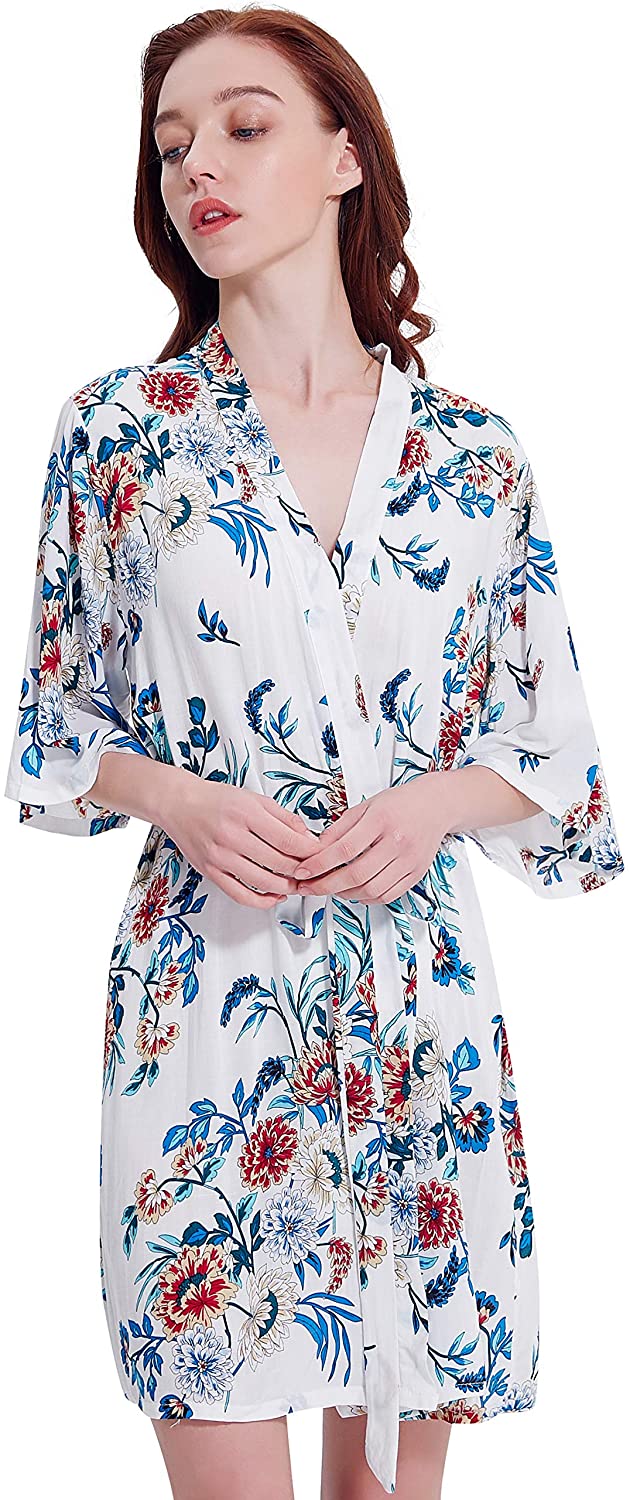 Price:$17.99 Skyfitting Women's Floral Cotton Short Bridesmaid Kimono Robe, Bathrobe Sleepwear at Amazon Women’s Clothing store