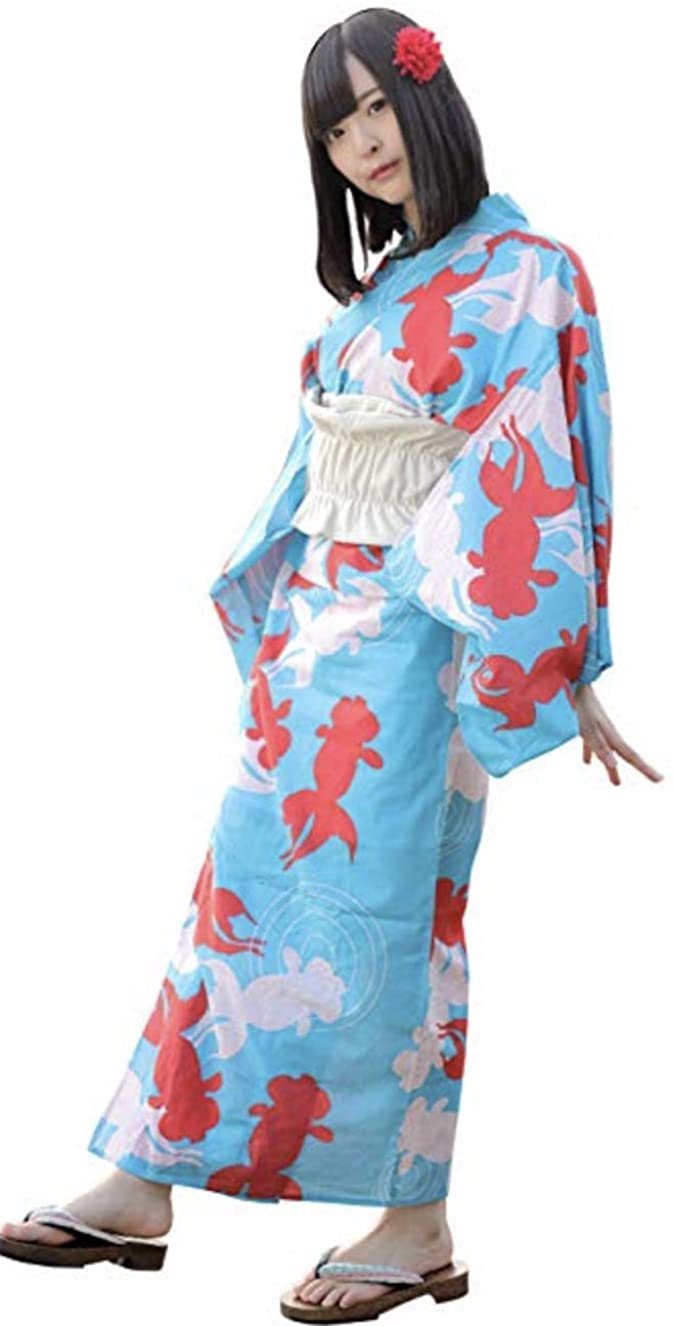 Price:$158.00 BIBILAB Raku Yukata Comfy Kimono (Kingyo-Fish(Light Blue)) at Amazon Women’s Clothing store