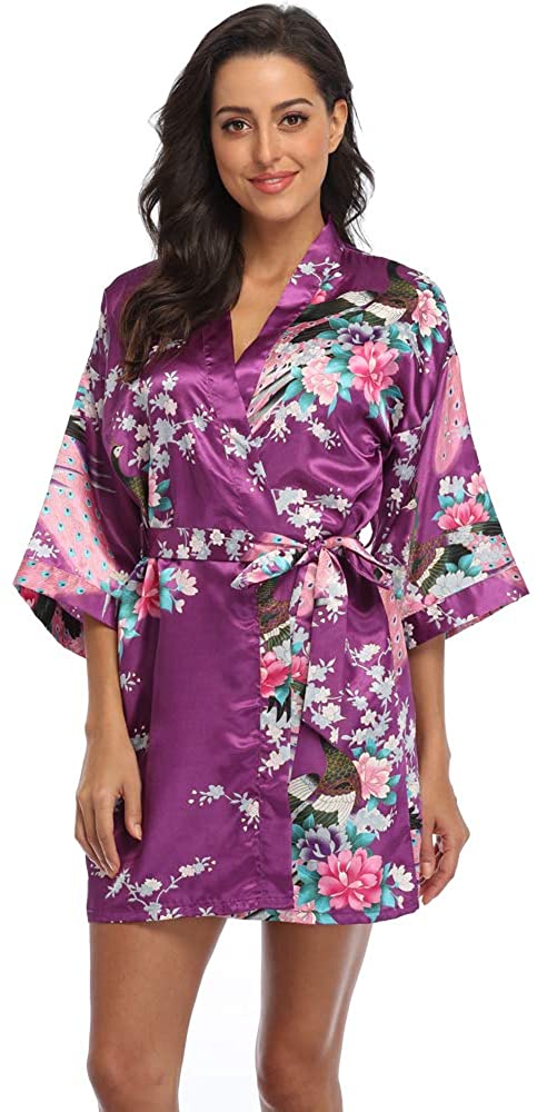 Price:$6.99 Women's Short Kimono Robe Floral Bathrobe Bridesmaids Robes Satin Dressing Gown at Amazon Women’s Clothing store