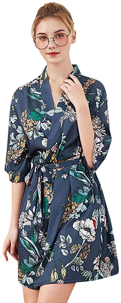 Price:$1.29 Whear Women's Floral Printed Satin Short Bathrobe Kimono Robe Sleepwear Pajama for Bride Wedding Nightgown Loungewear at Amazon Women’s Clothing store