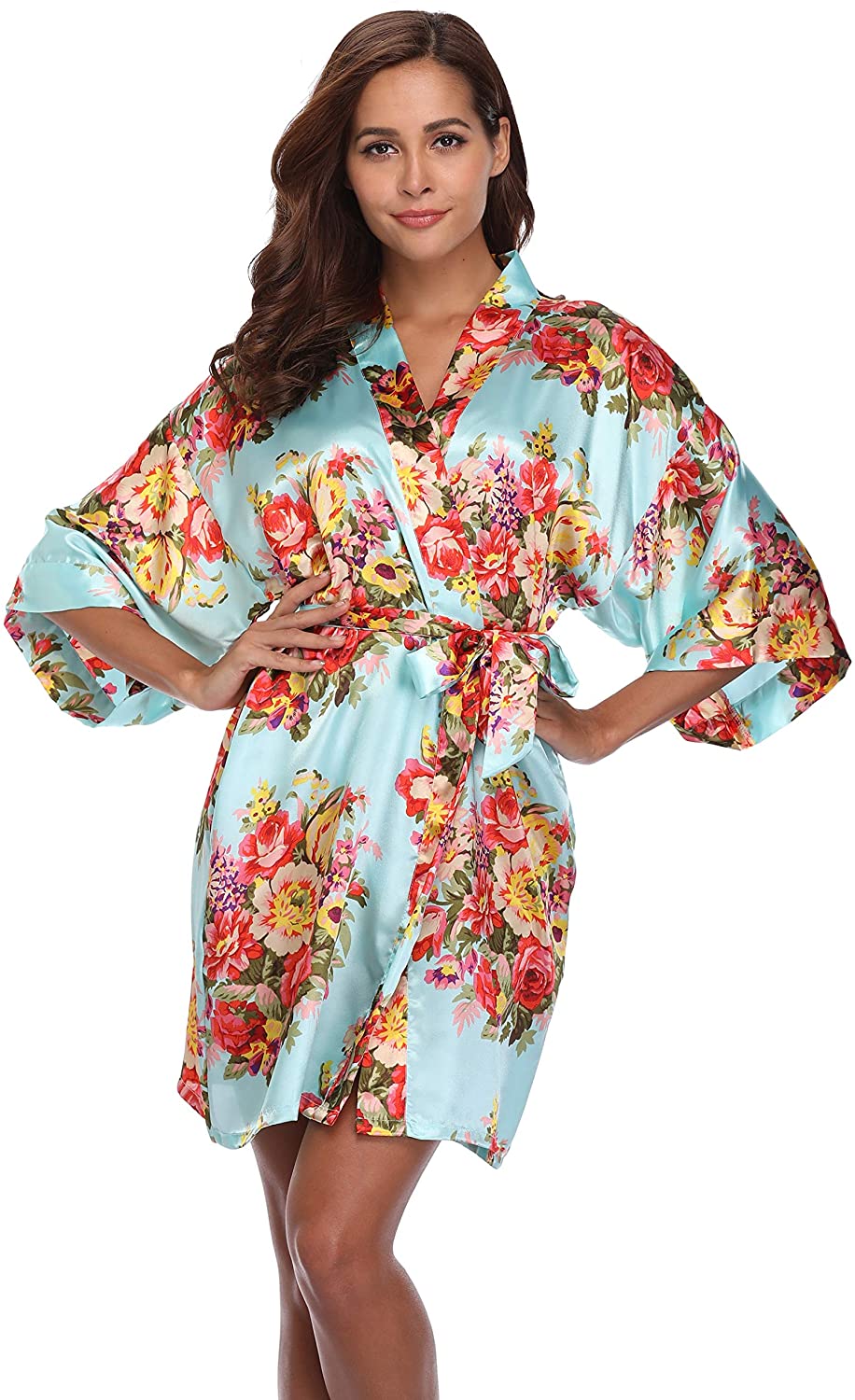 Price:$10.99 Women's Short Kimono Robe Pure Color Silky Bathrobe Floral Bridal Party Dressing Gown Blue at Amazon Women’s Clothing store