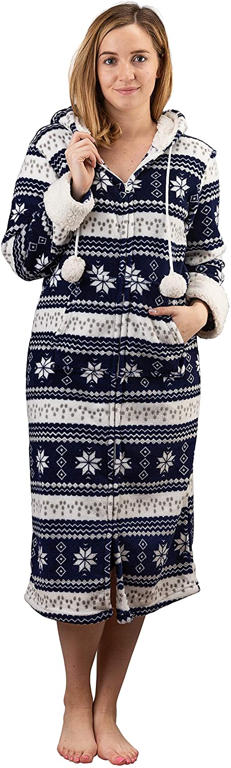 Price:$49.90 Trail Crest Women’s Soft Fleece Zip Up Lounge Robe, Full Length, Hoodie Sleepwear Navy at Amazon Women’s Clothing store