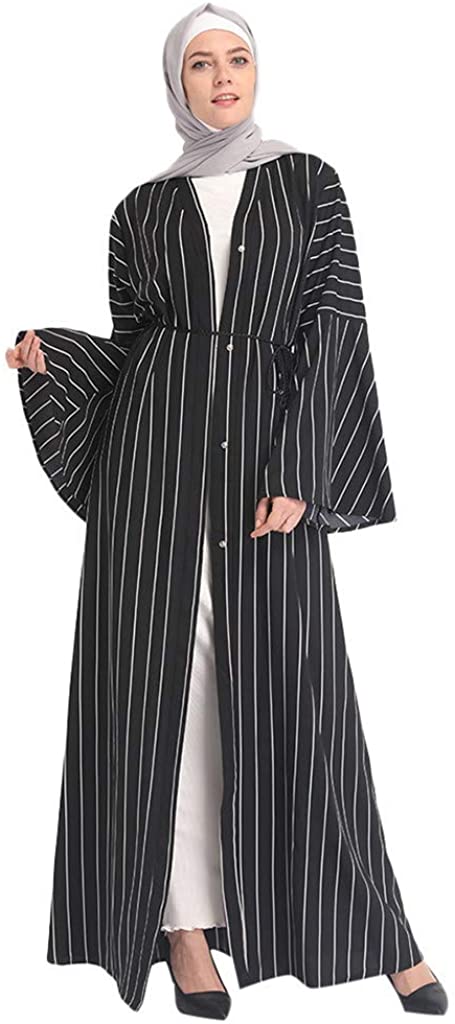 Price:$23.19 Bravetoshop Womens Cardigan Striped Bell Sleeve Dress Muslim Outwear Kimono Abaya Dubai Tunic Kaftan Autumn Robe Ramadan at Amazon Women’s Clothing store