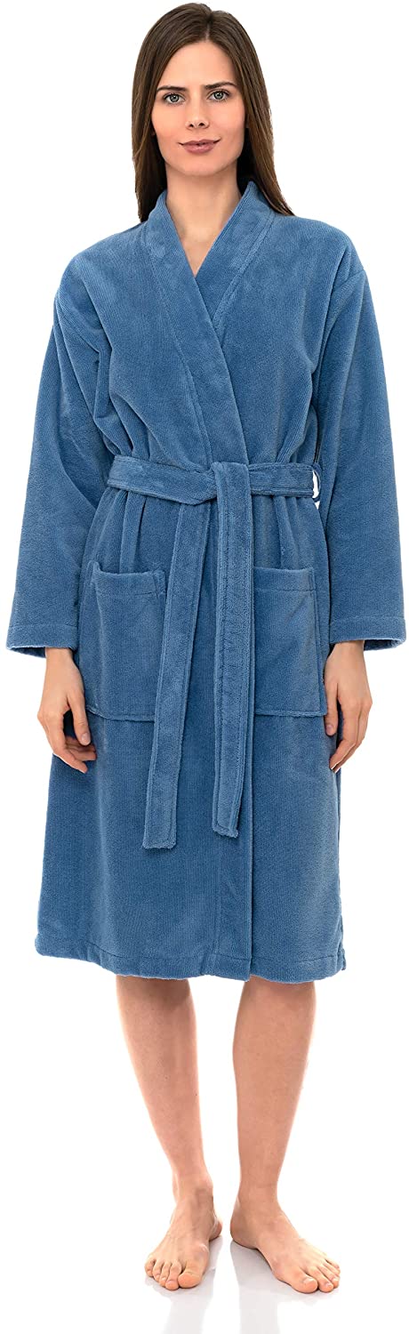 Price:$42.95 TowelSelections Women's Robe, Fleece Cotton Terry-Lined Water Absorbent Bathrobe X-Small/Small Allure Blue at Amazon Women’s Clothing store