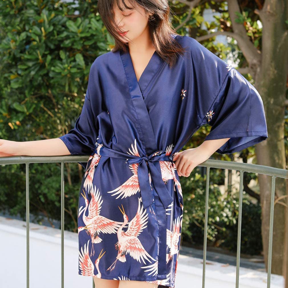 Price:$9.78    Yunzee Women's Imitation Silk Satin Kimono Lounge Bathrobe V Neck Printed Kimono Robe Comfy Nightwear,Navy,XL  Clothing