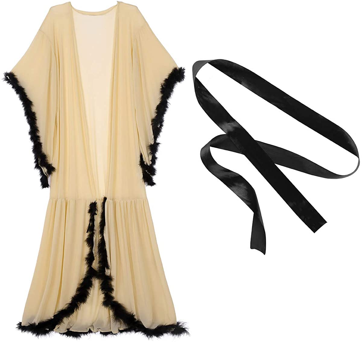 Price:$19.99 iiniim Sexy Illusion Long Lingerie for Women Robe Nightgown Bathrobe Sleepwear Feather Bridal Glamor Robe Khaki One Size at Amazon Women’s Clothing store