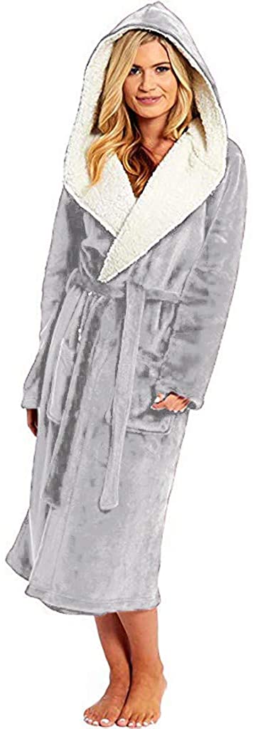Price:$10.55 Rakkiss Women's Thicker Long Flannel Sleepwear Imitation Fur Collar Warm Pajamas Home Long Sleeved Hooded Robe Coat at Amazon Women’s Clothing store