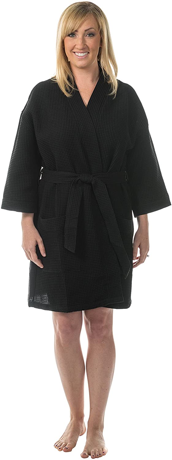 Price:$15.95 Comfy Robes Women's Kimono Thigh-Length Waffle Weave Robe, L/XL Black at Amazon Women’s Clothing store