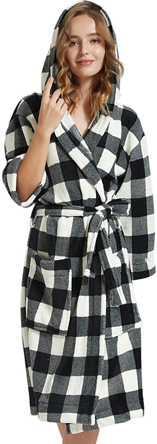 Price:$21.99 Dramaticbuying Plaid Robes for Women with Hooded Long Plush Flannel Warm Spa Bathrobe Lightweight Loungewear at Amazon Women’s Clothing store