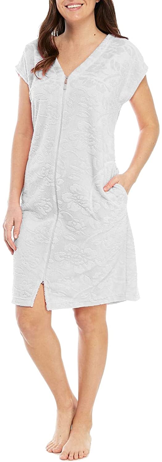 Price:$21.84 Miss Elaine Women's Relax Short Sleeve Soft Embossed Front Zip Robe at Amazon Women’s Clothing store