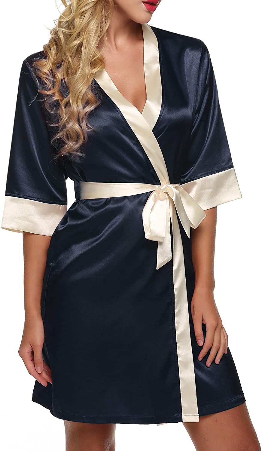 Price:$35.99 TelDen Women's Kimono Robe Knee Length Lingerie Sleepwear Short Satin at Amazon Women’s Clothing store