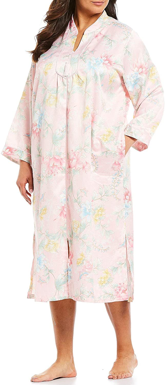 Price:$49.97 Miss Elaine Plus Size Floral Print Brushed Satin Zip-Front Robe (1X Plus, Pink Print) at Amazon Women’s Clothing store