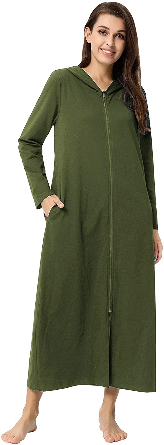 Price:$19.99 Women Robes Hoodie Long Sleeve Zipper Bathrobe Lightweight Cotton Army Green at Amazon Women’s Clothing store