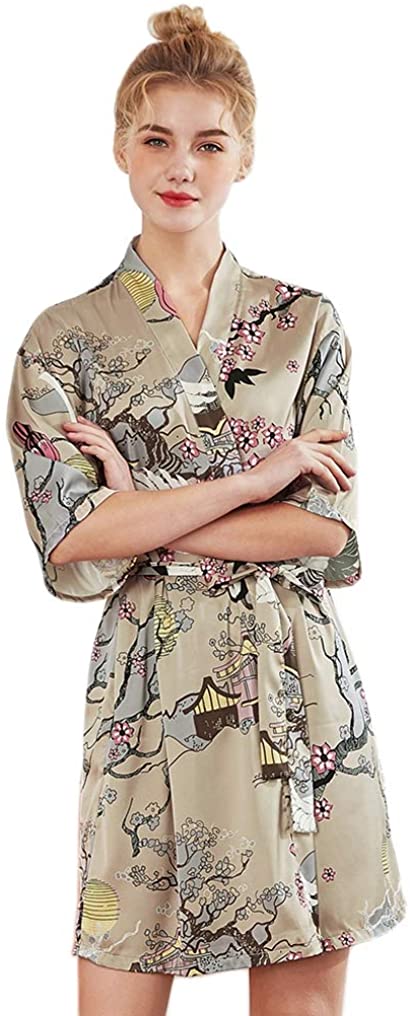 Price:$13.61 Vaorwne Women Nightwear Short Robe Fau Silk Sleepwear Luxurious Ladies Short Kimono Cherry Blossom Print V-Neck Bandage Loose Pajamas Nightdress Bathrobe Camel XL at Amazon Women’s Clothing store