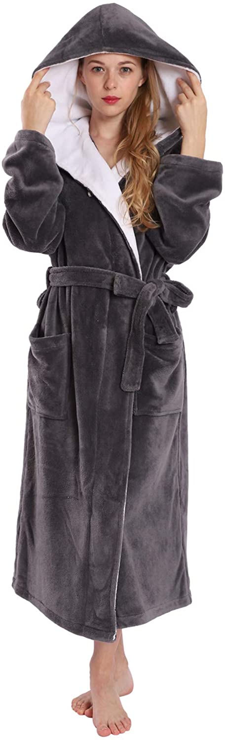Price:$45.99 Women's Huge Hooded Long Grey Bathrobe with Chest Button, Lightweight Fleece Soft House Coat S at Amazon Women’s Clothing store