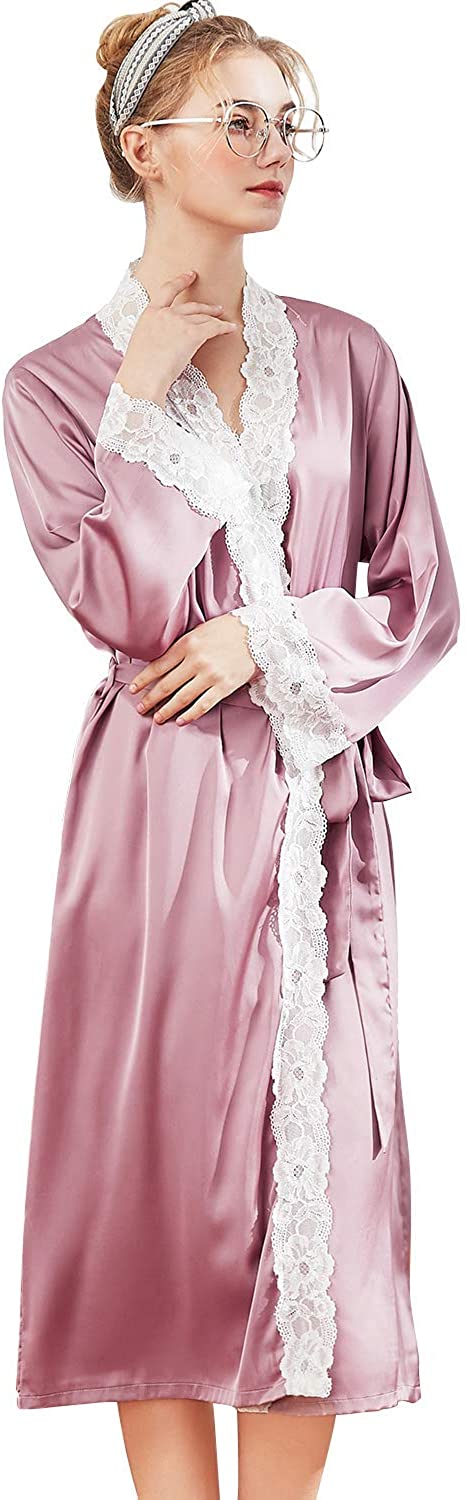 Price:$23.99 LAPAYA Women's Satin Kimono Robe Lace Trim Long Sleeve Bridesmaid Bathrobe for Wedding Party at Amazon Women’s Clothing store