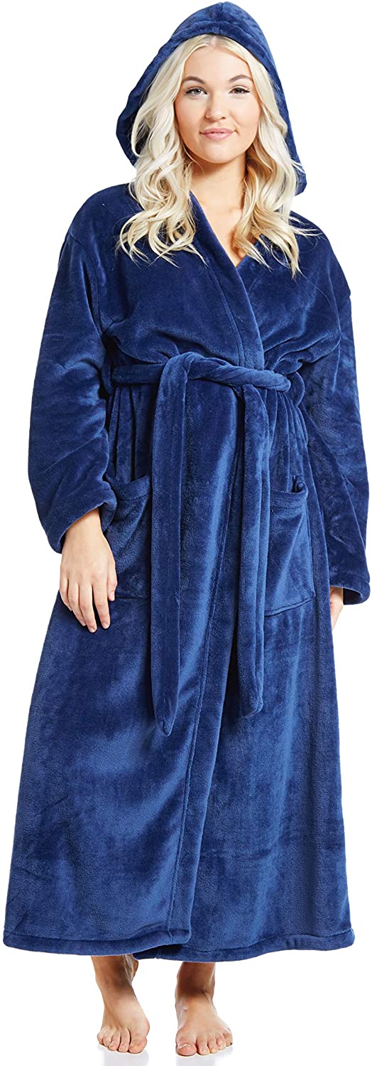 Price:$25.99 Jovannie Womens Long Thick Fleece Robe Warm Waist Belt Super Soft Spa Plush Full Length Bathrobe with Shawl Collar (Navy-Blue, S/M) at Amazon Women’s Clothing store