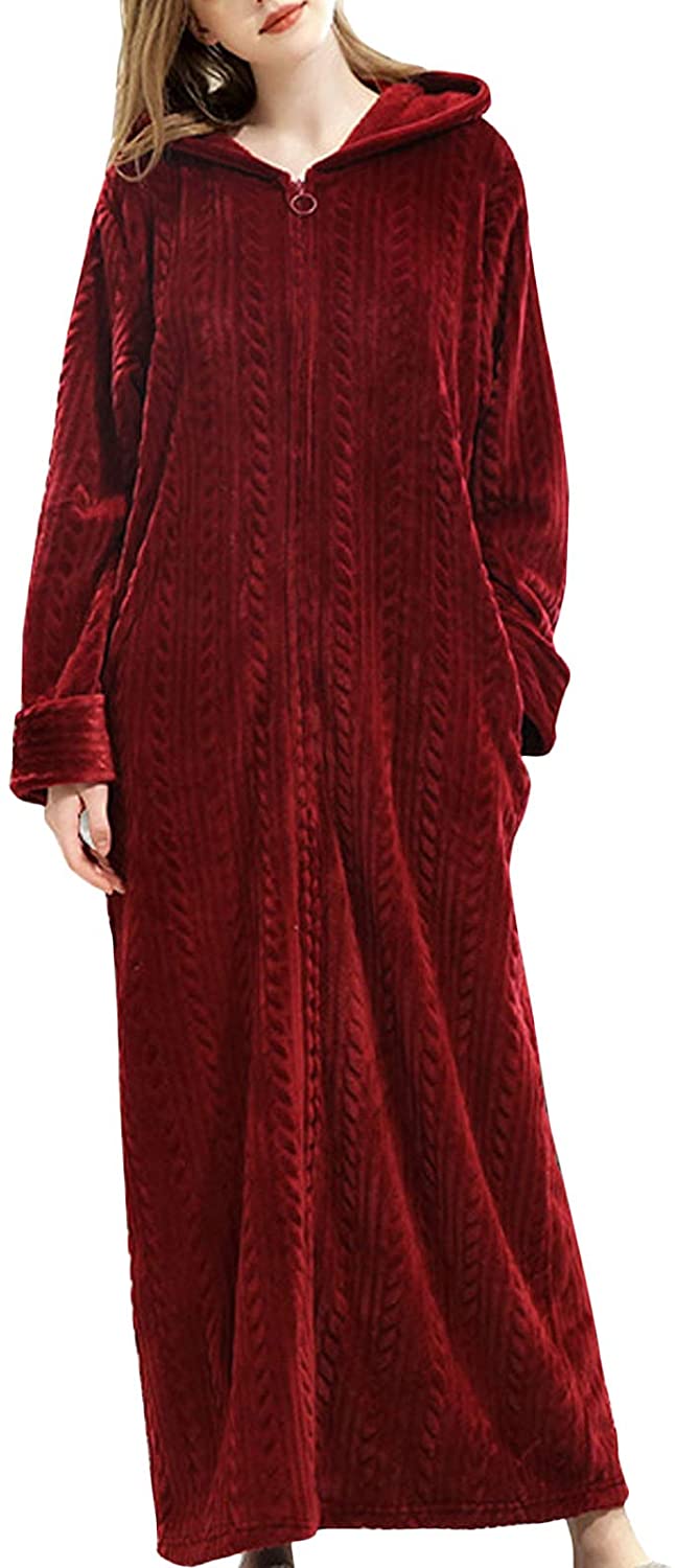Price:$39.99 Flygo Womens Fuzzy Plush Long Hooded Robe Full Length Flannel Fleece Bathrobe Warm Housecoat at Amazon Women’s Clothing store
