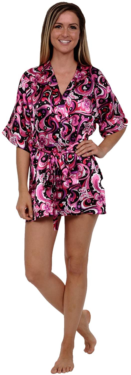 Price:$21.99 Del Rossa Womens Printed Satin Robe, Short Dressing Gown at Amazon Women’s Clothing store