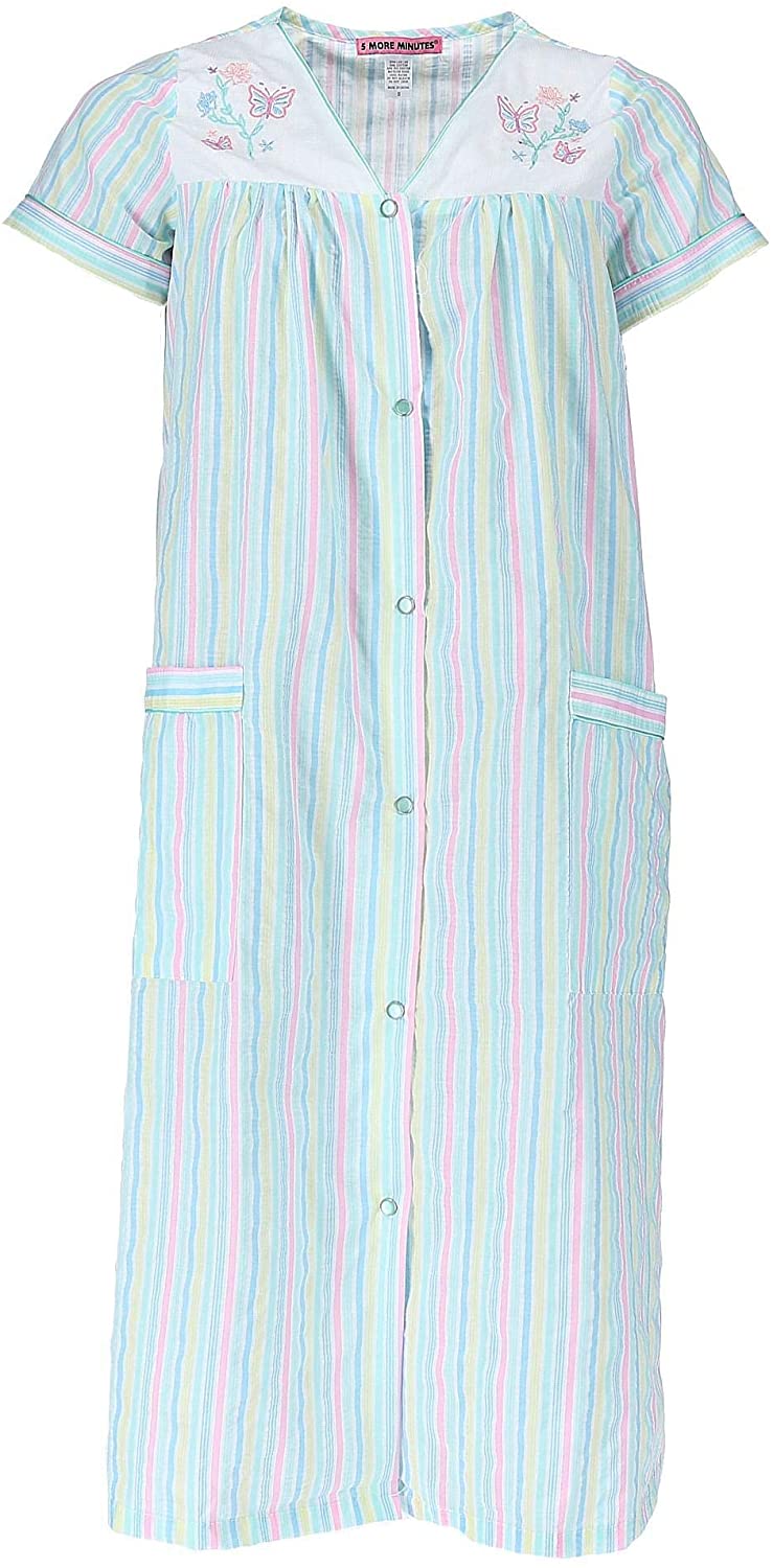 Price:$17.44 5 More Minutes Women's Snap Front Duster Robe, Small, Yellow Teal Stripe at Amazon Women’s Clothing store