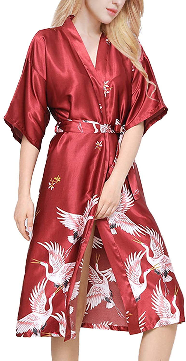 Price:$15.99 ETAOLINE Womens Satin Kimono Robe Printed Bathrobes Bridal Dressing Gown Red at Amazon Women’s Clothing store