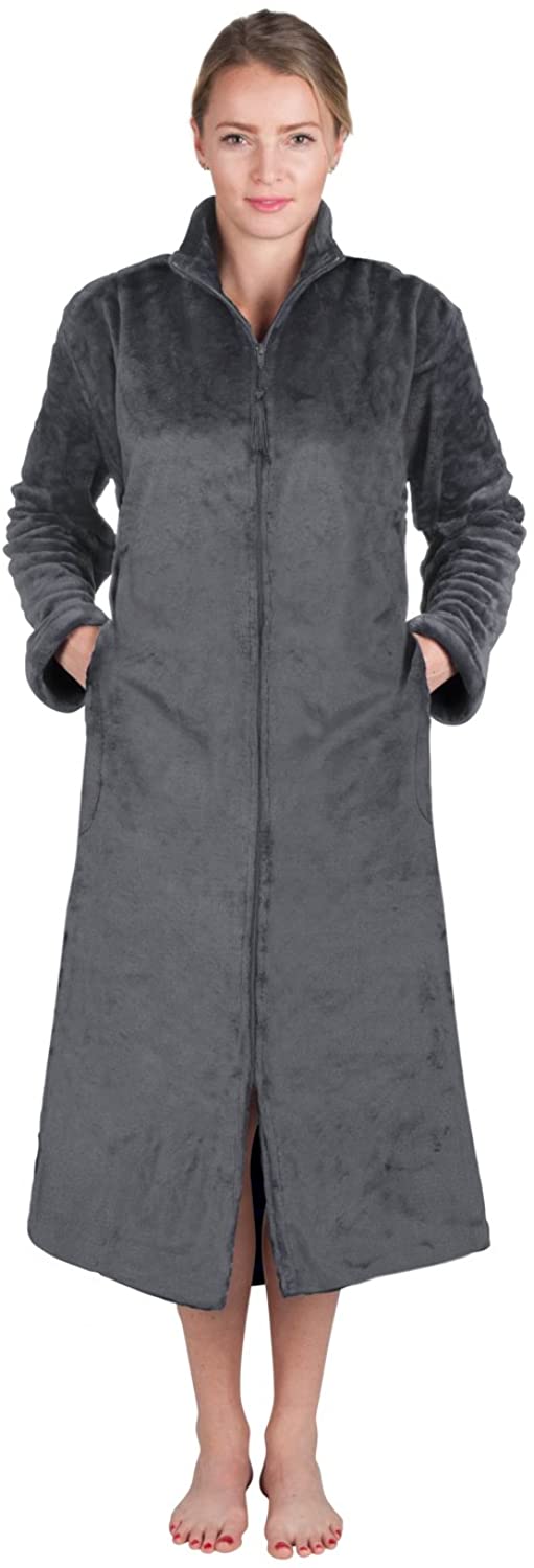 Price:$24.97 Super Plush Front Zipper Scroll Texture Robe Zipper Bathrobe (Small, Shades of Gray) at Amazon Women’s Clothing store