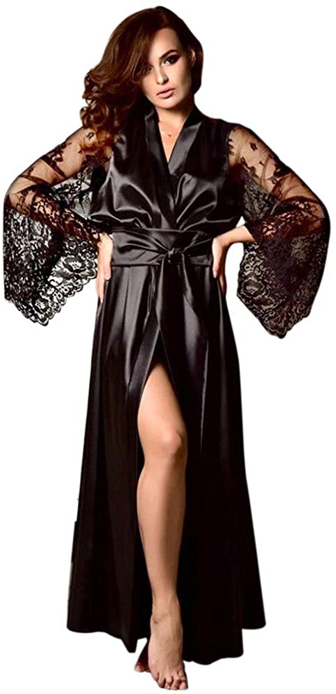 Price:$0.01 Women's Long Sleeve Robe Sleepwear Sexy Soft Silk Lace Satin Kimono Robe with Belt Bathrobe Nightgowns at Amazon Women’s Clothing store
