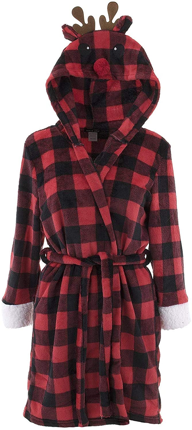Price:$21.99 Em and Alfie Juniors Reindeer Red Plaid Hooded Plush Bathrobe OneSize at Amazon Women’s Clothing store